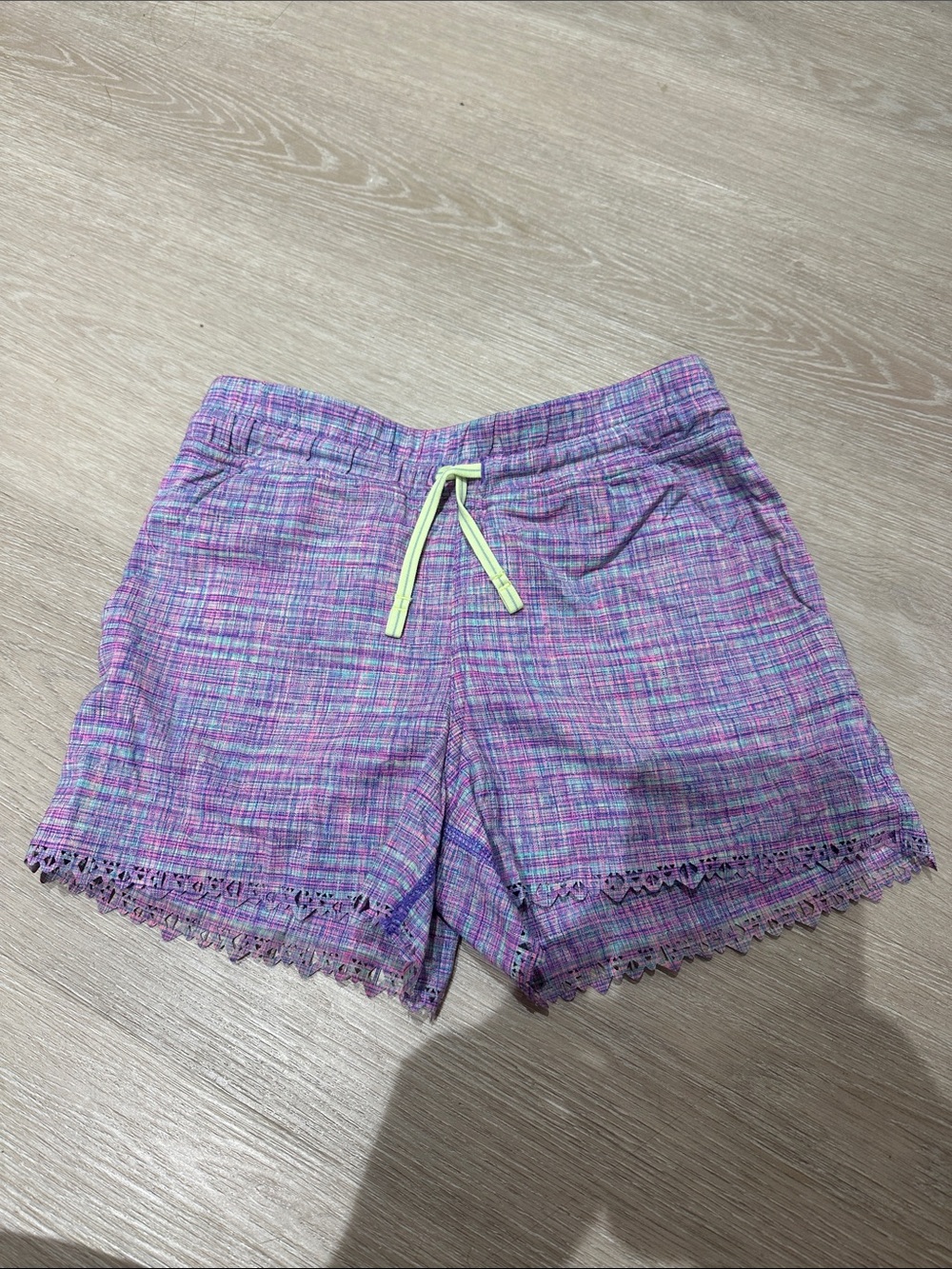 Ivivva Lavender Pink Plaid Shorts with Neon Drawstring & Lace Trim